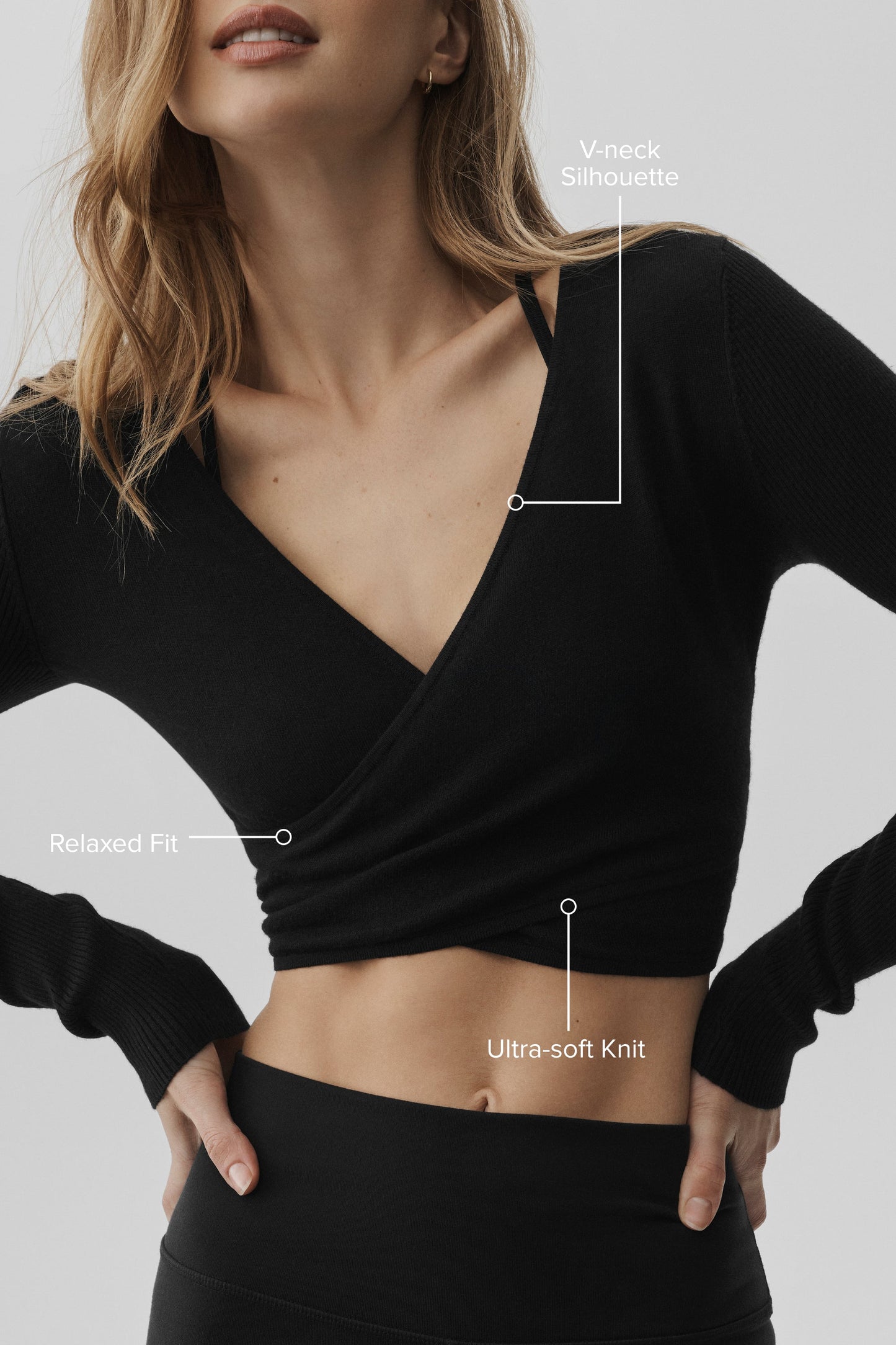 Sweater Knit Crossover Long Sleeve - Black